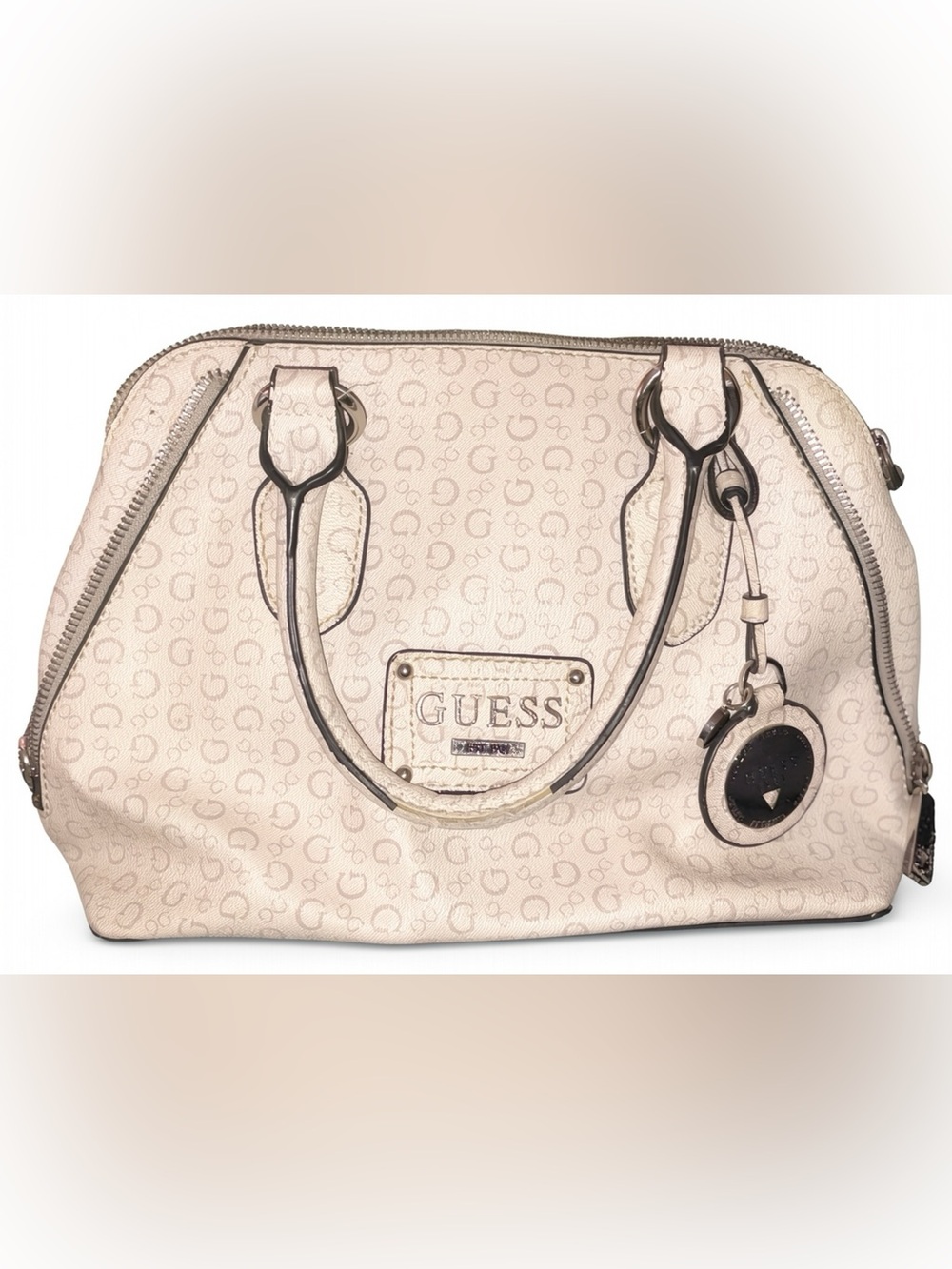 GUESS Vintage Beige Cream Quattro G Logo Print Satchel Dome Bag Silver Hardware